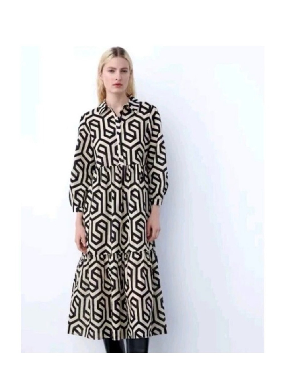 Zara Black & Cream Geometric Midi Shirt Dress